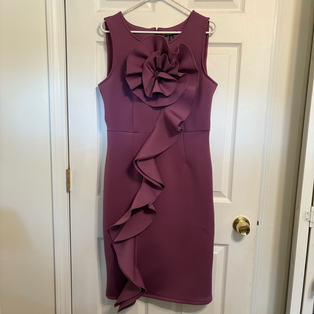 Nina Leonard Purple Ruffle Flower Sheath Midi Dress